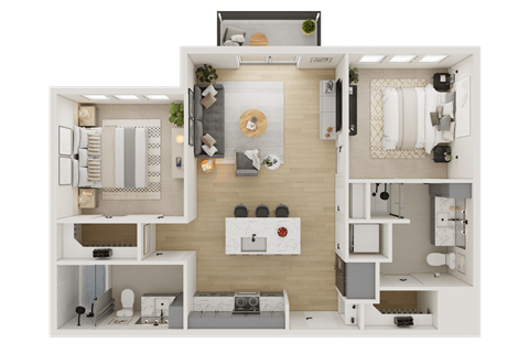 A detailed 3D floor plan of a modern apartment layout.